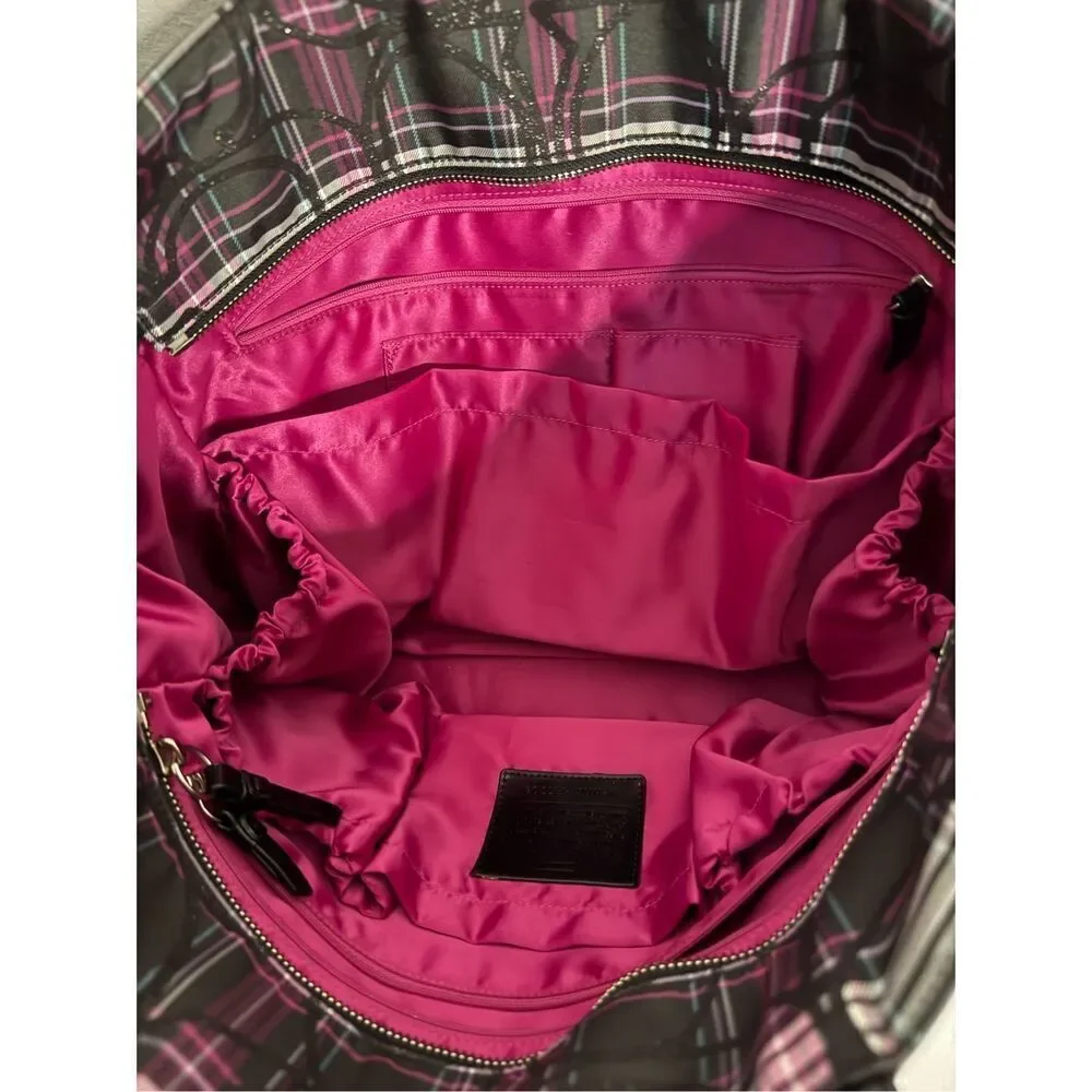 Coach Womens Signature C Poppy Plaid Tartan Glitter Shoulder Tote Bag Black Pink